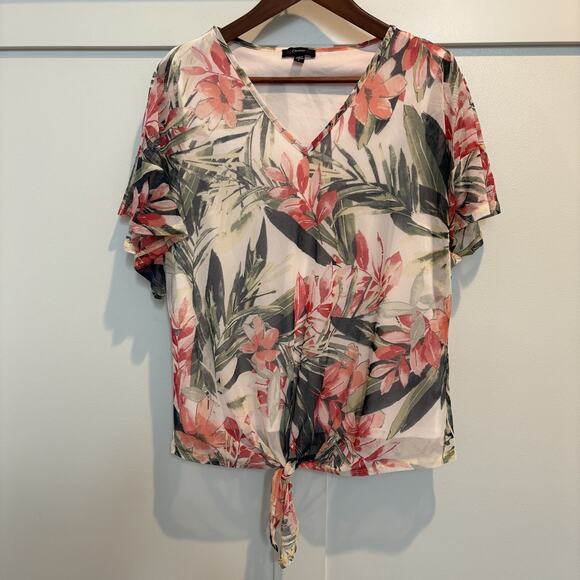 Cocomo Tops - Cocomo Shirt Women Large Pink Green Floral Mesh Overlay Sheer Layered Tie Front